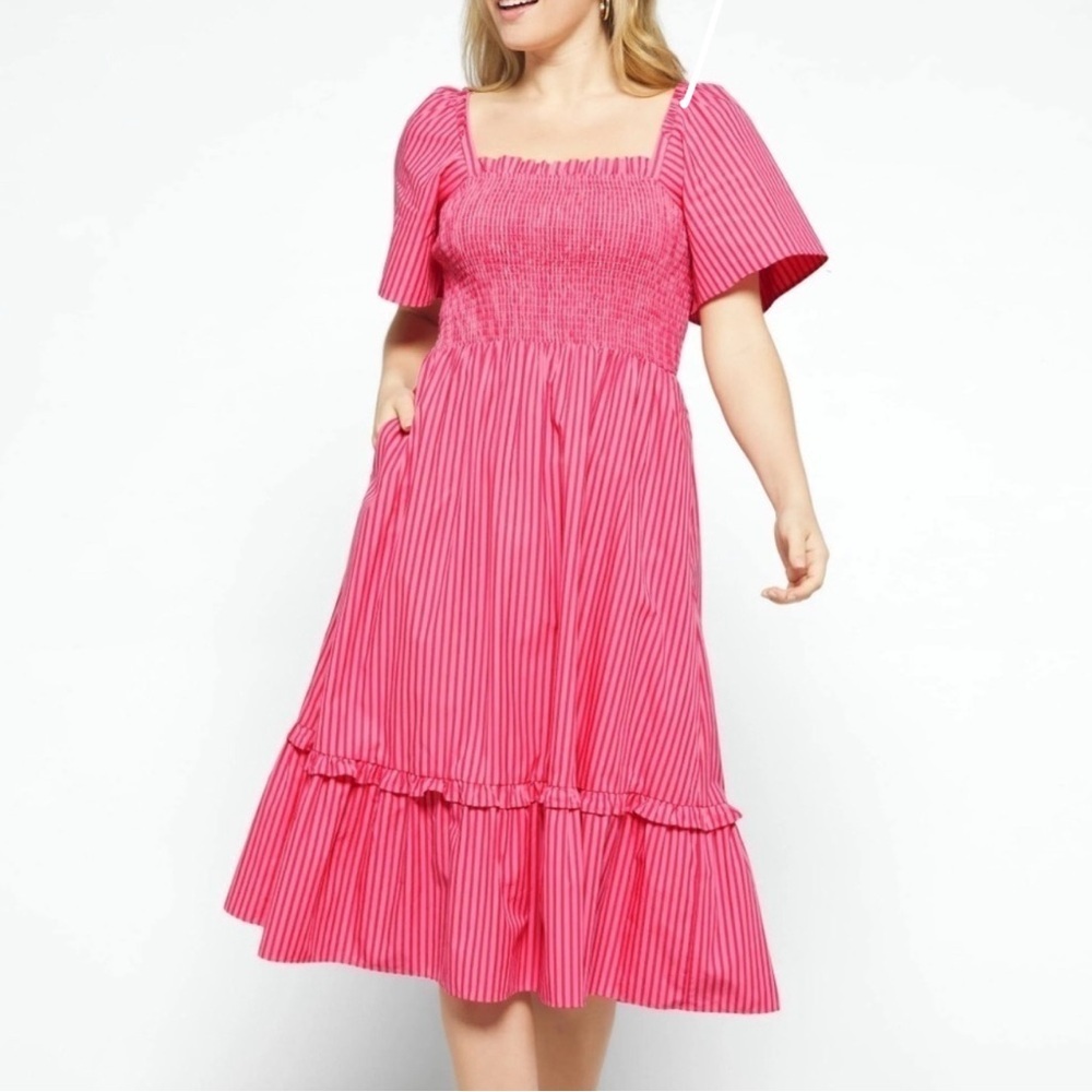 Draper James Pink Striped Smocked Midi Dress